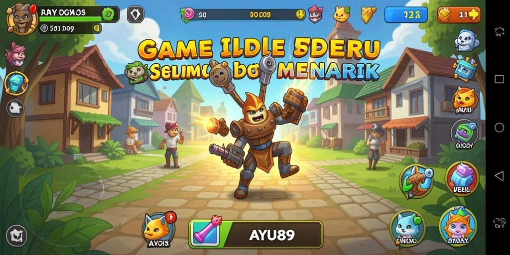 Tampilan gameplay Idle AYU89 dengan berbagai karakter dan sumber daya.
